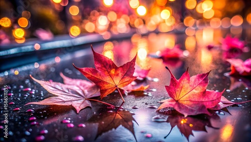 Wallpaper Mural Vibrant red maple leaves with water droplets on a reflective surface with bokeh lights Torontodigital.ca