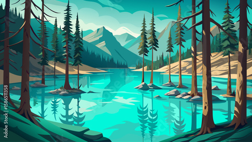 Lake Kaindy, Almaty, Kazakhstan – Submerged spruce trees pierce through turquoise waters. The sunken forest creates an eerie yet tranquil underwater world, perfect for detailed and dreamlike vector re
