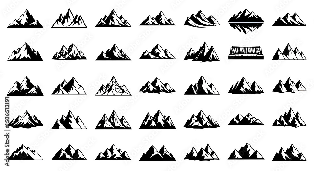 Fototapeta premium A collection of thirty different black and white mountain range silhouette illustrations in a grid pattern
