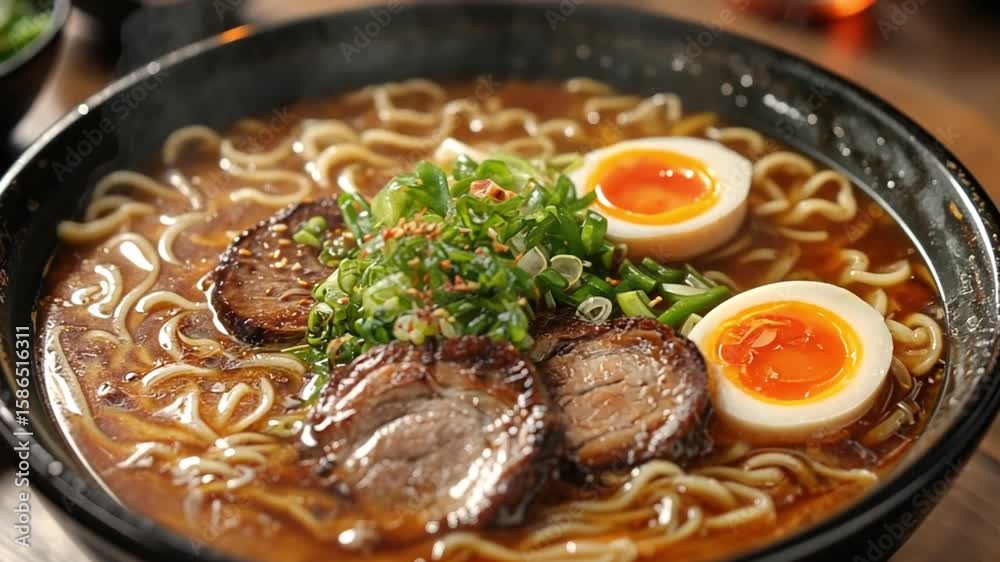 Delicious Japanese Ramen Noodles, savory broth, perfectly cooked ramen, soft boiled eggs, succulent pork, fresh scallions, sesame seeds.