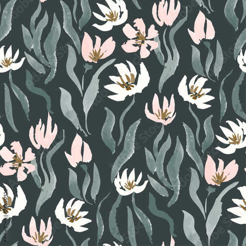 Watercolor hand painted dark green tulip seamless vector pattern