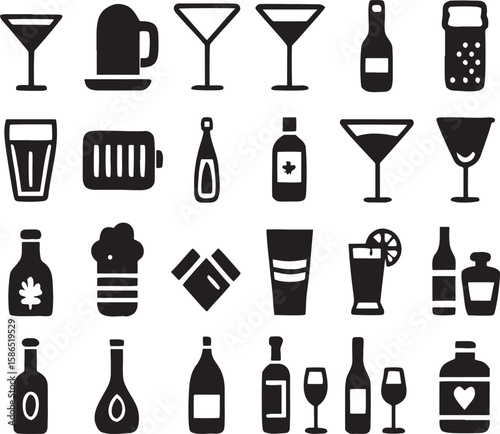 Collection of Drinkware and Beverage Icons Glasses, Bottles, and More