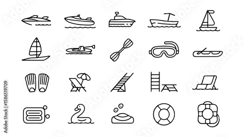 Set of black line art water sport and beach icons vector