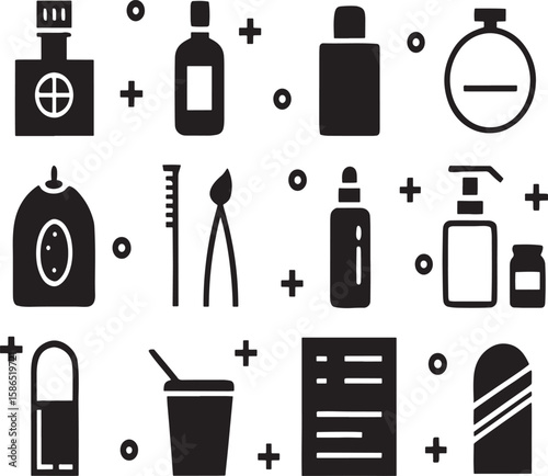Collection of Beauty and Hygiene Icons Silhouettes of Bottles, Combs, and More