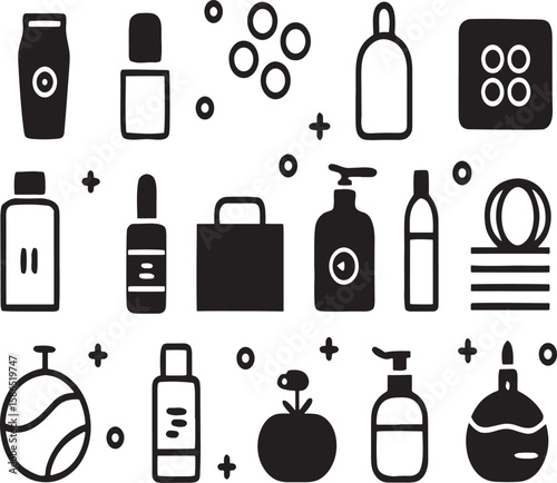 Collection of Beauty and Cosmetic Product Icons Bottles, Jars, and Packaging