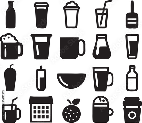 Collection of Drinkware Icons Cups, Bottles, and Glasses