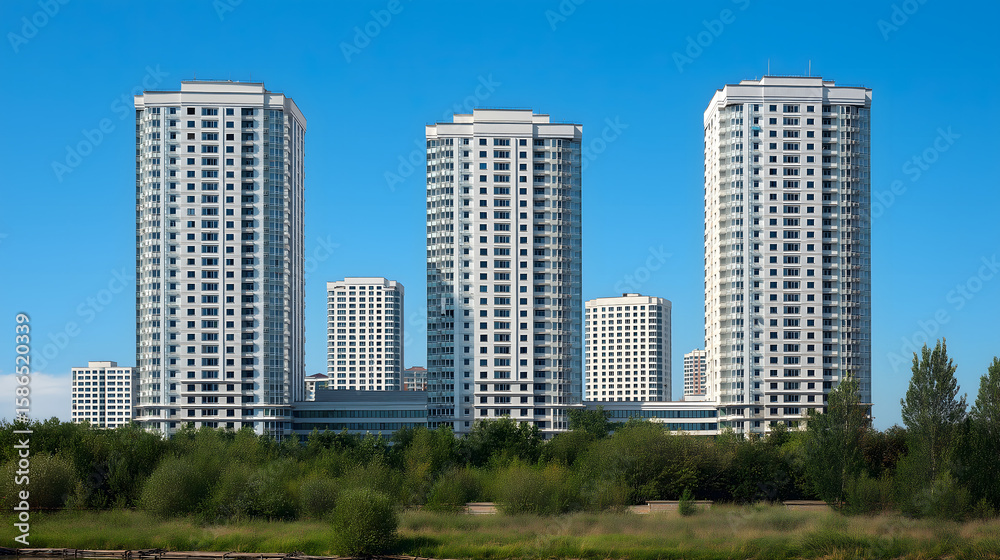 Obraz premium Modern Urban Landscape: High-Rise Residential Towers Amidst Skyscrapers and Greenery in a Stunning City Skyline