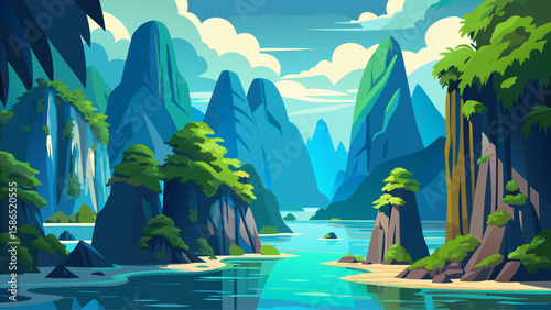 Phang Nga Bay, Krabi, Thailand – Towering limestone cliffs rise vertically from calm blue water. Mangroves and hidden caves offer layers of texture for a stunning, peaceful tropical vector composition