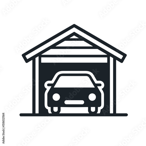 Car in garage icon in outline vector style, black and white, real estate and vehicle storage concept