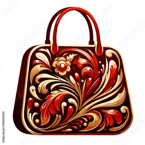 Decorative handbag with floral ornament in folk art vector style, red and gold tones, fashion and artistic accessory concept