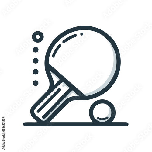 Ping pong paddle and ball icon in outline vector style, black and white, sport and table tennis concept