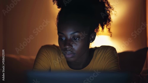 Woman working late at night on laptop