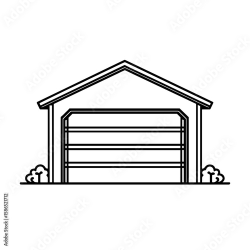 Standalone garage icon in outline vector style, black and white, real estate and storage concept