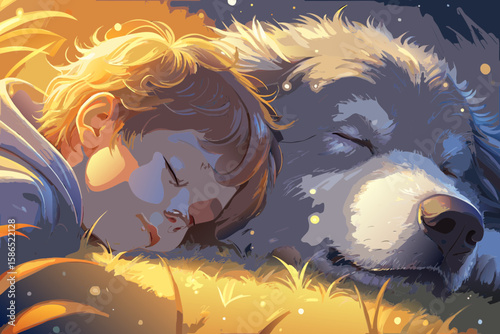 A boy and a big dog lie on the grass, staring at the sky — peaceful expressions on both
