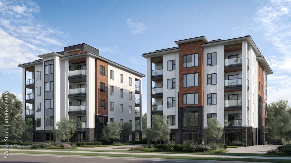 Fototapeta premium Modern Residential Complex: Multi-Story Apartment Buildings with Green Spaces in Urban City Living