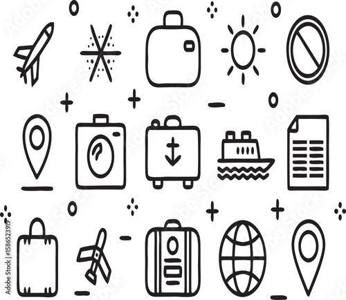 Travel Icons Airplane, Suitcase, Camera, Ship, Location, Globe, Document