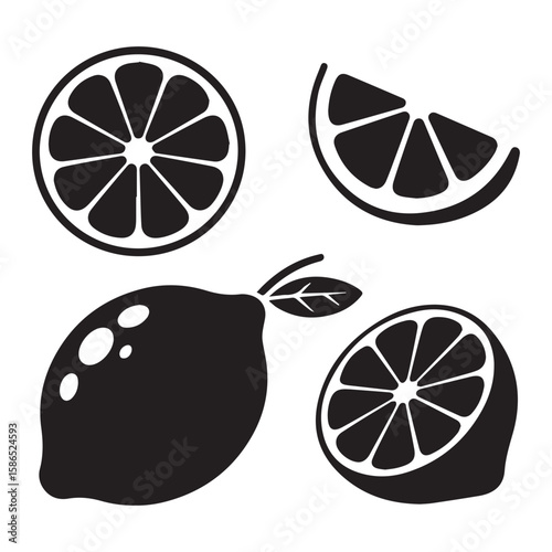 A collection of black silhouette icons featuring a whole lemon a lemon slice and a cross section of a lemon against a white background