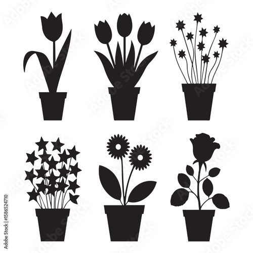 A collection of six distinct black silhouette potted plants including tulips daisies a rose and star shaped flowers against a clean white background