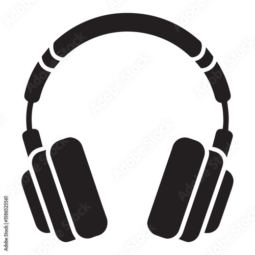 A simple black silhouette of over ear headphones with a padded headband and earcups isolated on a white background representing audio listening