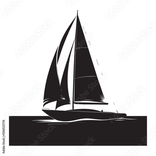 A striking black and white silhouette of a modern sailboat with full sails gliding gracefully across dark rippling water against a stark white background