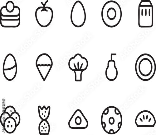 Collection of Line Art Food Icons Fruits, Vegetables, and Sweets