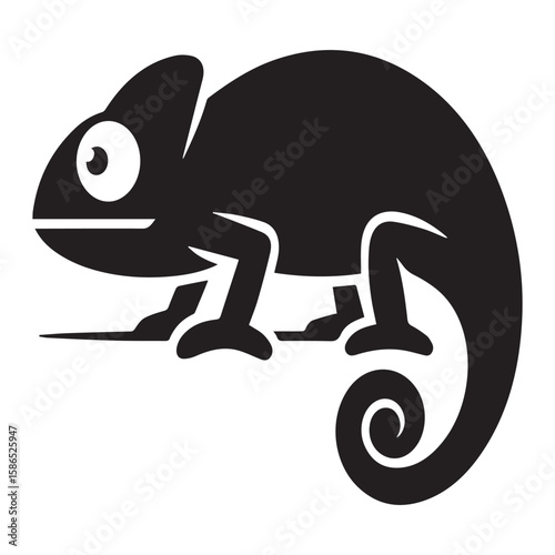 A stylized black silhouette of a chameleon with a large eye and a curled tail perched on a thin branch against a white background