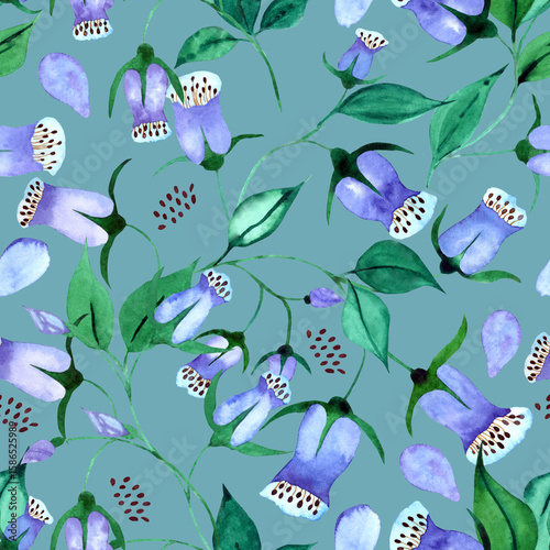 Fototapeta Gentle watercolor seamless pattern with bluebell-like flowers and foliage in cool tones
