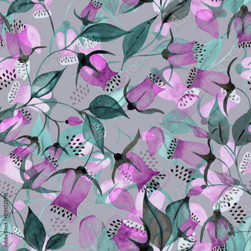 Obraz na plátně Watercolor Bluebells Seamless Pattern, Abstract Bell Flowers Repeat, Artistic Pi