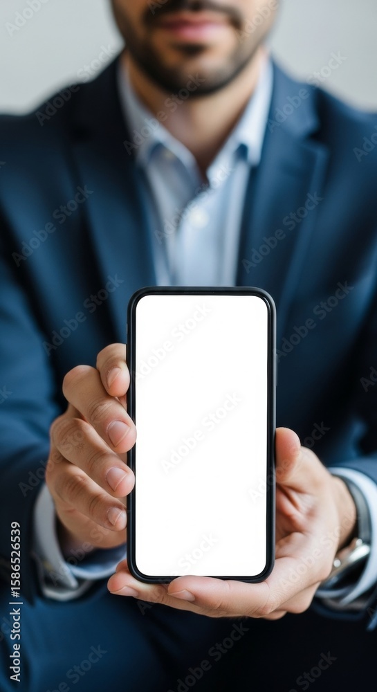 Professional Man Presenting Blank Smartphone Screen Professional Man Presenting Blank Smartphone Screen
