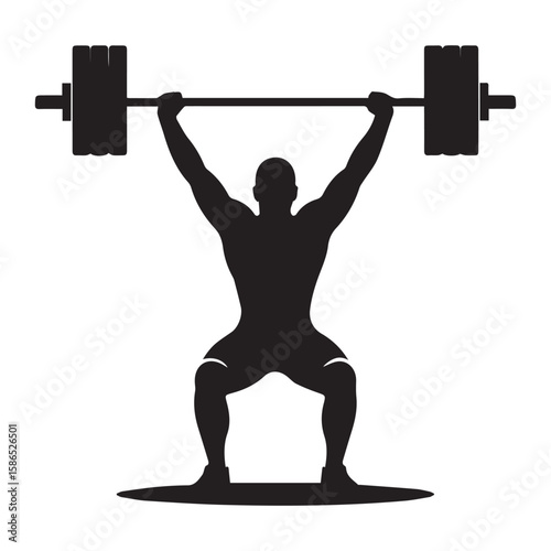 Silhouette of a strong weightlifter performing a clean and jerk with a barbell overhead in a powerful athletic stance