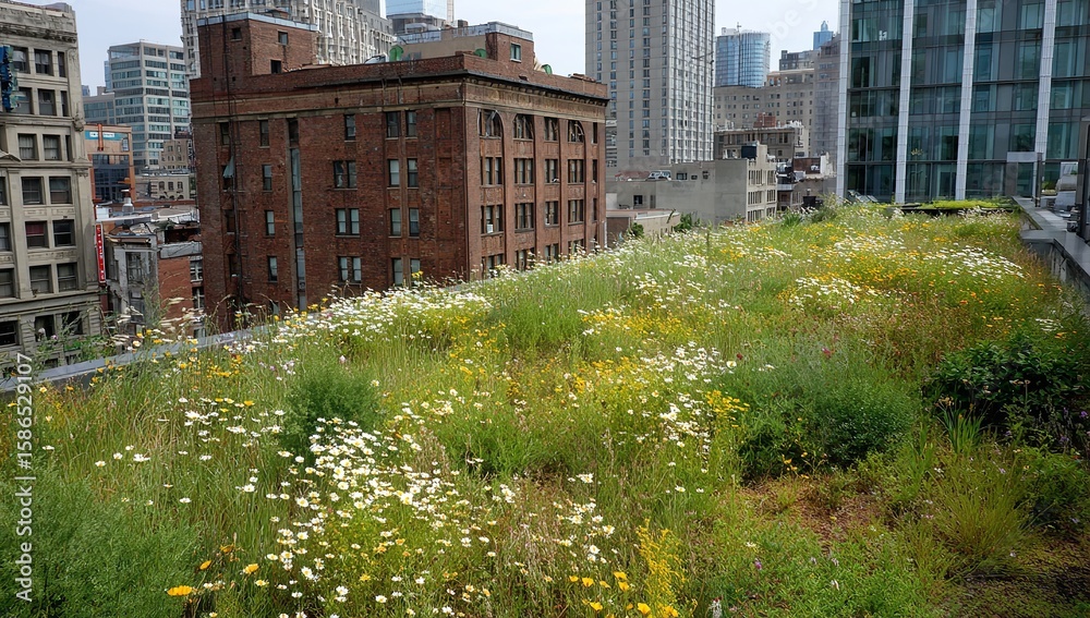 Naklejka premium Urban Green Roof Garden with Wildflowers and Grasses on Modern Commercial Building in City Setting