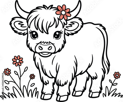 A cute highland cow cartoon with a flower on its head standing in a field of flowers outline style