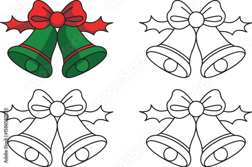 Illustration of christmas bells decorated with bows and holly leaves in color and outline versions