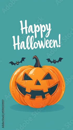 A lively illustration of a jack-o'-lantern with a big grin, surrounded by bats and a bright background, perfect for Halloween celebrations and decorative purposes.