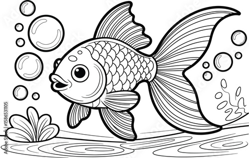 A black and white line drawing of a goldfish with bubbles and aquatic plants on a white background page