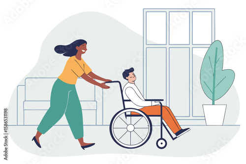 Wife chasing husband in wheelchair in modern flat illustration style