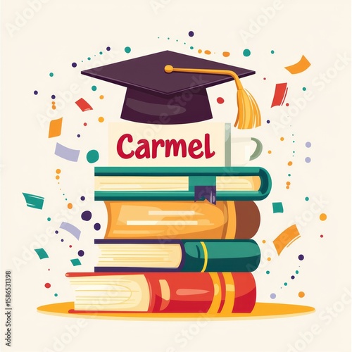 A colorful stack of educational books crowned with a graduation cap, symbolizing academic achievement and scholarly pursuits, ideal for graduation-themed projects or events.