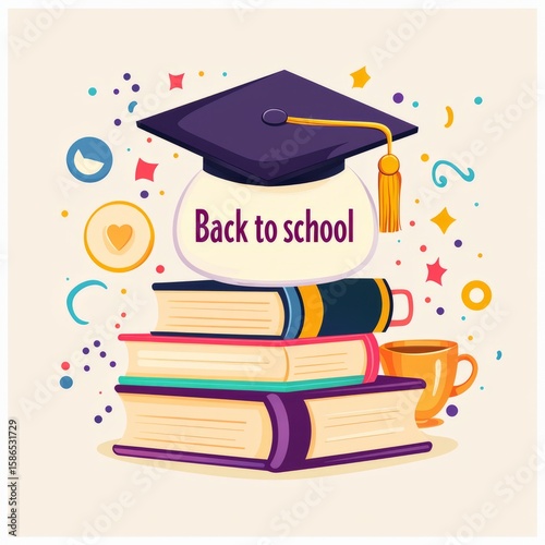 A vibrant illustration of colorful books stacked with a graduation cap resting on top, combined with festive decorations, embodying the excitement of the back-to-school season.