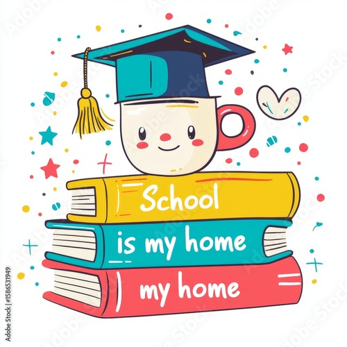An endearing illustration that portrays the essence of school life with stacked books and a cute mug, emphasizing the comfort and warmth of learning environments.