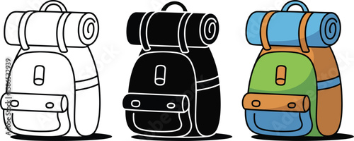 Three backpacks depicted in varying styles including outline solid color and full color illustration 100