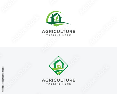 Modern green agriculture logo featuring a house with leaf and rolling hills symbolising growth and sustainability