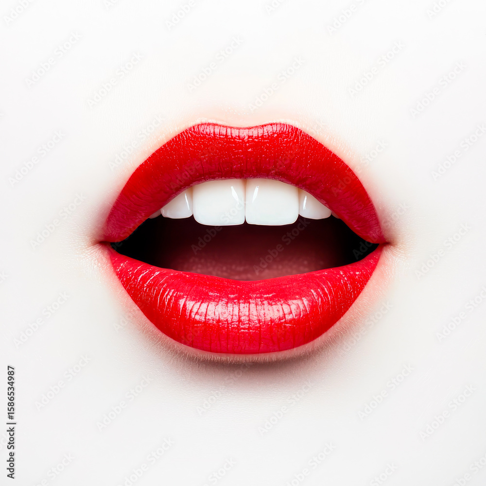 Obraz premium Perfectly painted red lips in close-up. Bright red lips are showcased against a plain background, highlighting their smooth texture and vibrant color.