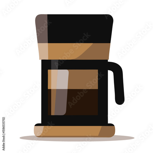 Brewing coffee maker with black and brown tones. Coffee hot drink machine. Vector icon for kitchen appliance, breakfast, cafe