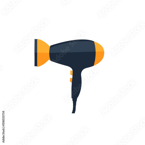 Hair dryer appliance in dark blue and orange color, a device for styling and drying hair. Flat style icon. Graphic sign for web, app, print. Vector illustration