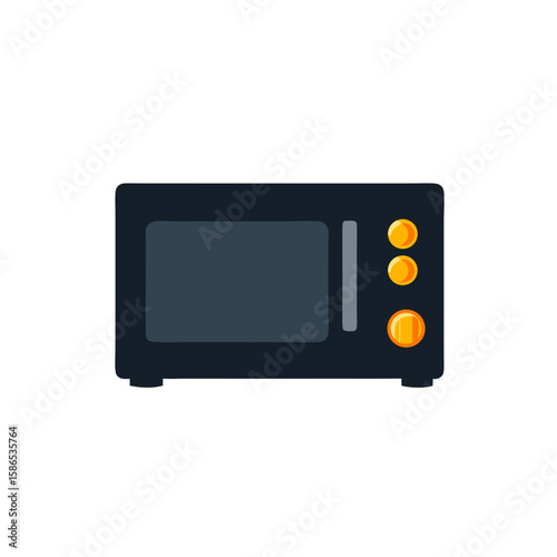 Black microwave oven with orange buttons. Kitchen appliance symbol. Cooking and heating food concept. Vector icon illustration