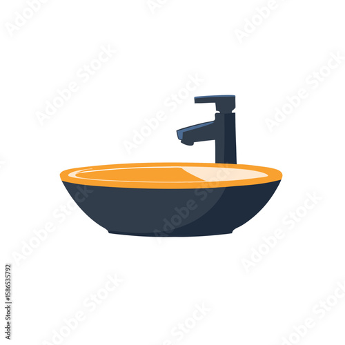 Modern bathroom basin with dark grey bowl and orange rim and faucet. Interior element. Vector illustration in flat style for design