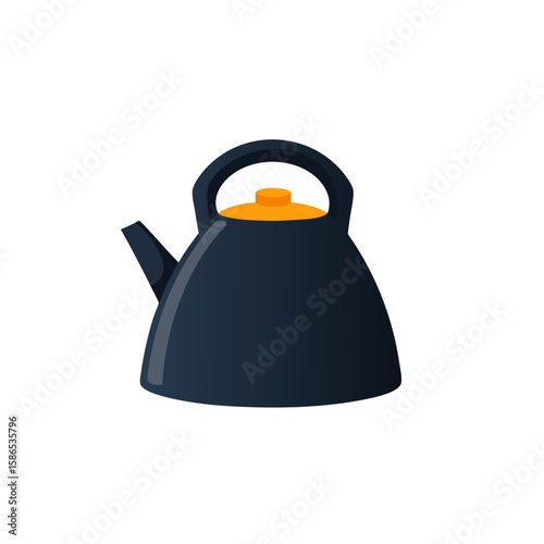 Black teapot or kettle with orange lid and handle. Basic kitchen utensil for boiling water. Simple flat style vector icon