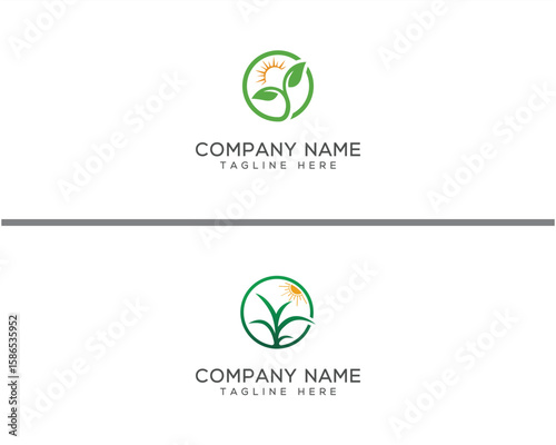 Green sprout and sun logo design for agriculture and nature companies with space for company name and tagline