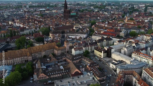 Panoramic aerial view around the old town and the cathedral of the city Strasbourg in France on a sunny afternoon in summer