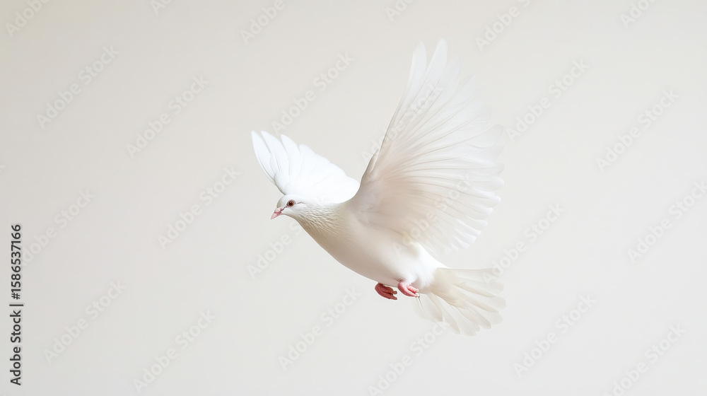 Fototapeta premium Dove soaring in bright light. A white dove soars gracefully with outstretched wings against a soft, light backdrop, symbolizing peace and freedom.